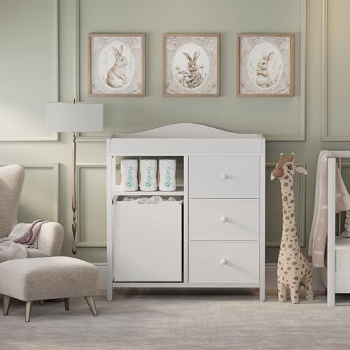 BOLUO White Changing Table with 3 Fabric Drawers and Laundry Hamper, Baby Dresser with Changing Table Top, Nursery Diaper Changing Station with Storage Modern