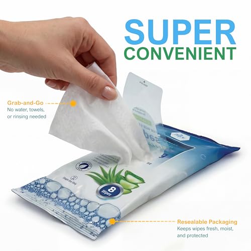 MED PRIDE Hospital Wipes for Bathing, Waterless Rinse Free Bath Wipes for Adults, Microwavable Soft Thick, 12 Packs (96 Count), Aloe Vera
