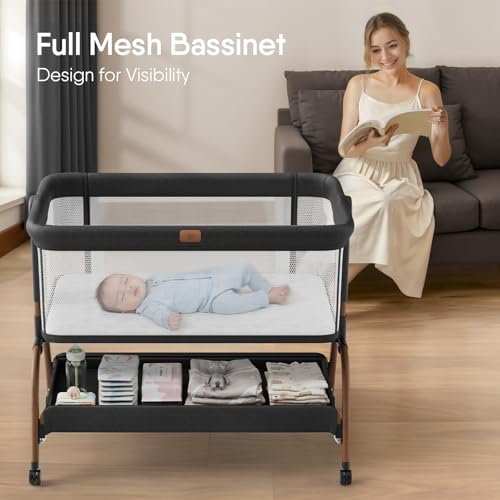 Baby Bassinet Bedside Crib, 3-in-1 Baby Bassinet Bedside Sleeper with Mattress and Soft, Breathable Sheet, Full-Mesh Sides, 6-Height Adjustable, Stable and Secure Crib for Newborns