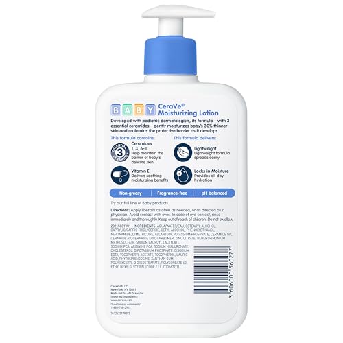CeraVe Baby Lotion, Gentle Baby Skin Care with Ceramides, Niacinamide & Vitamin E, Fragrance, Paraben, Dye & Phthalates Free, Lightweight Moisturizer, 16 Ounce