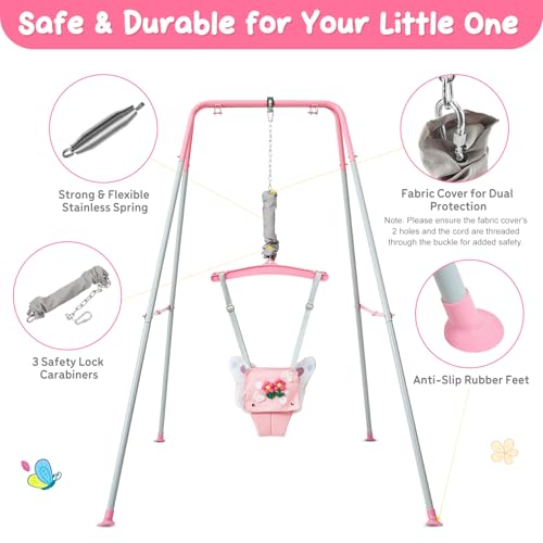 FUNLIO Baby Jumper with Stand for 6-24 Months, Infant Jumper for Indoor/Outdoor Play, Toddler Jumper for Baby Girl/Boy, with Adjustable Chain, Easy to Assemble & Store (with Stand) - Pink Butterfly