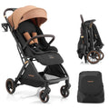 Gromast Gravity Folding Baby Stroller - Portable Travel Toddler Stroller w/Adjustable Backrest, Canopy & Cup Holder, Lightweight and UV Protected, One-Hand Automatic Folding - Khaki