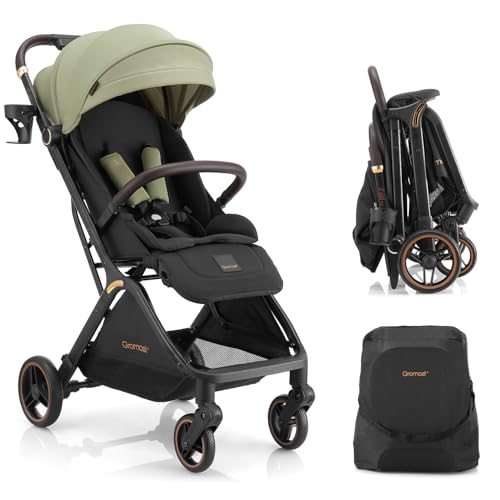 Gromast Gravity Folding Baby Stroller - Portable Travel Toddler Stroller w/Adjustable Backrest, Canopy & Cup Holder, Lightweight and UV Protected, One-Hand Automatic Folding - Green