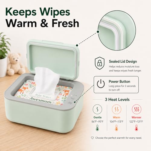 Awesmom Wipe Warmer for Baby & Adult Wipes, Adjustable Temperature, Quiet and Even Heating, Wet Wipes Dispenser, Diaper Wipe Warmer, Green