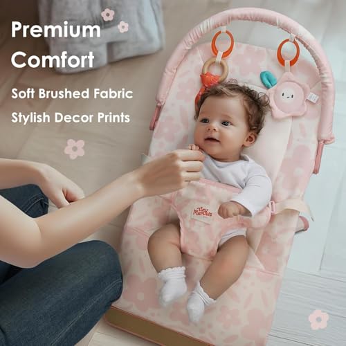 Tiny Marvels Baby Bouncer, Portable Infant Bouncer Seat with Soothing Music & 3-Point Harness, Foldable and Lightweight for Newborn to Toddler 0-12 Months, Under 20 lbs