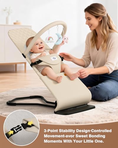 Feeplas Baby Bouncer, Bouncer Seat for Babies 0-12 Months, Ergonomic Rocking Chair with Detachable Hanging Bar, 3-Height Adjustments, Foldable & Portable Infant Rocker, Machine Washable Fabric, Beige