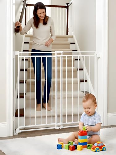 Baby Gate for Stairs Doorways & Kitchen, Extra Wide 32"-54" W x39 H Extra Tall, No Bottom Bar Dog Gate, One-Handed Auto-Close, Hardware Mount Safety Gate for Dogs & Toddlers, White