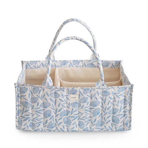 mushie Baby Diaper Caddy | Newborn Essentials Organizer for Diaper Changing Station (Blue Flowers)