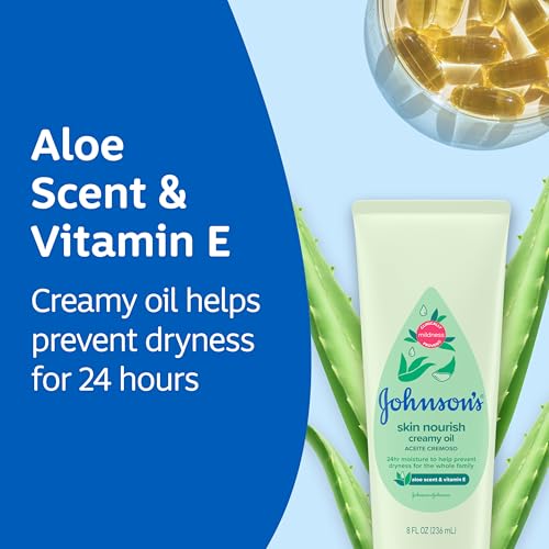 Johnson's Skin Nourish Creamy Oil, Aloe Scent & Vitamin E, Creamy Oil Helps Prevent Dryness & Moisturizes Baby's Delicate Skin for 24 Hours, Hypoallergenic & Non-Greasy, 8 fl. oz