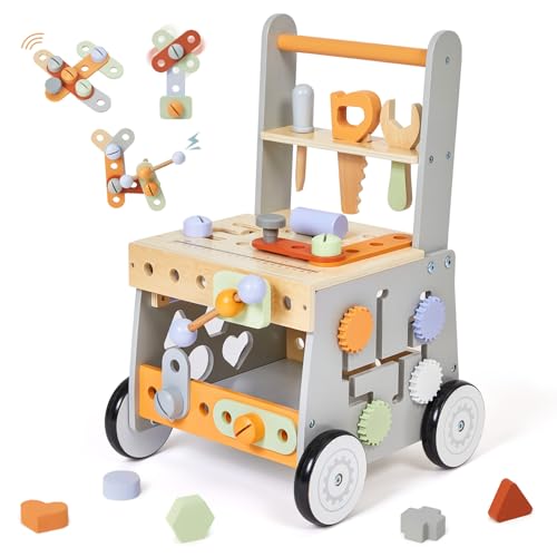 labebe Wooden Baby Walker, Baby Push Walker, Tool Toy for Toddlers, Adjustable Speed Baby Walker with Wheel, Learning Activity Walker for Girls Boys