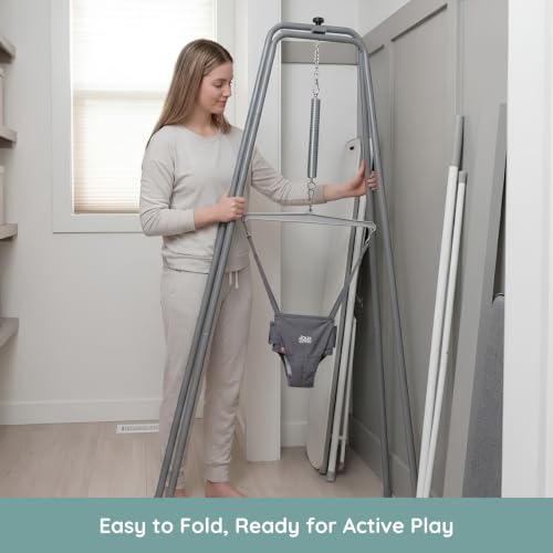 Jolly Jumper Elite (Grey) Baby Exerciser - Sturdy Frame, 6 ft Tall Stand Baby Jumper, Indoor and Outdoor Exercise Saddle Seat, Adjustable Height, for Infants up to 28 lbs