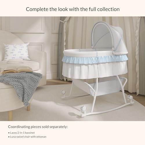 Dream On Me Lacy Portable 2-in-1 Bassinet & Cradle with Full Canopy, Storage Basket, Locking Wheels, Lightweight Frame, BSA Certified, Includes 1” Mattress Pad-Pink an White