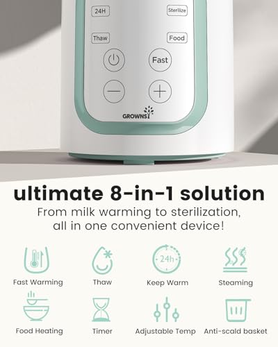 Grownsy Baby Bottle Warmer, 8-in-1 Fast Baby Milk Warmer with Timer for Breastmilk or Formula, Accurate Temperature Control, 24H Keep, Food Heater&Defrost BPA-Free Bottle Warmer for All Bottles- Green