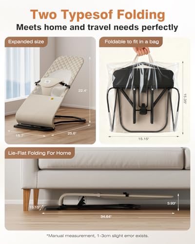 Feeplas Baby Bouncer, Bouncer Seat for Babies 0-12 Months, Ergonomic Rocking Chair with Detachable Hanging Bar, 3-Height Adjustments, Foldable & Portable Infant Rocker, Machine Washable Fabric, Beige
