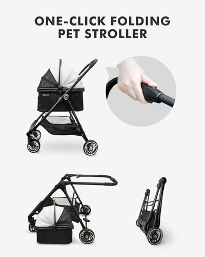 Pawccoli Pet Stroller for Small Dogs and Cats, One-Click Foldable Dog Stroller with Detachable Carrier & 3 Safety Tethers, Holds up to 33 lbs, Storage Basket & Cup Holder, Breathable Mesh, Black