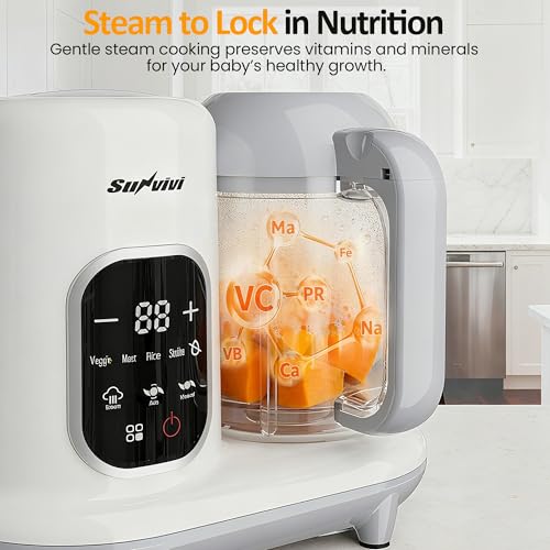 Sunvivi Baby Food Maker: All-in-one Baby Food Processor with Steam, Heating, Unfreeze, Blender, Electric Blender and Food Processor Combo with Self Clean LCD Display, Baby Food Steamer Grinder White