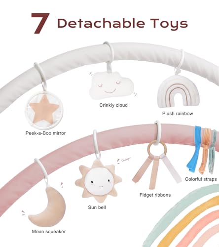 Baby Play Gym Mat, Tummy Time Activity Mat with 7 Detachable Toys and 12 Milestone Cards for Stage-Based Sensory and Motor Skill Development, Washable Play Mats for Infant, Newborn Baby Essentials