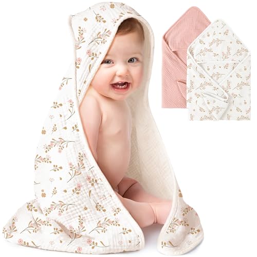 Konssy 2-Pack Muslin Hooded Baby Towels, 100% Cotton, Ultra-Soft & Absorbent Baby Bath Towels with Hood for Newborn & Infant (Pink, Floral,32" x 32")
