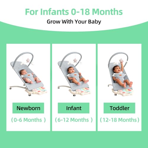 Gryvoth Portable Baby Bouncer Seat 0-18 Months,Detachable Piano & Hanging Toys,3-Level Recline (Rock/Fix),Foldable with Quiet Wheels,Baby Shower