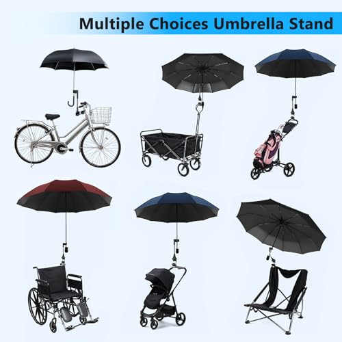 Umbrella Holder for Stroller Chair, 360° Adjustable Clip On Umbrella Attachment, Universal Umbrella Clamp Mount for Golf Cart, Wheelchair, Beach Chair, Camping Chair Outdoor Auto Scooter