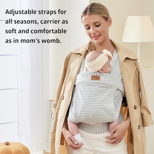 vrbabies Baby Wraps Carrier Newborn to Toddler, Kangaroo Baby Easy Wearing Wrap, Adjustable Soft Baby Holder Front Chest Sling Carriers Perfect Infant Essentials Gifts (Striped Grey, Cotton)