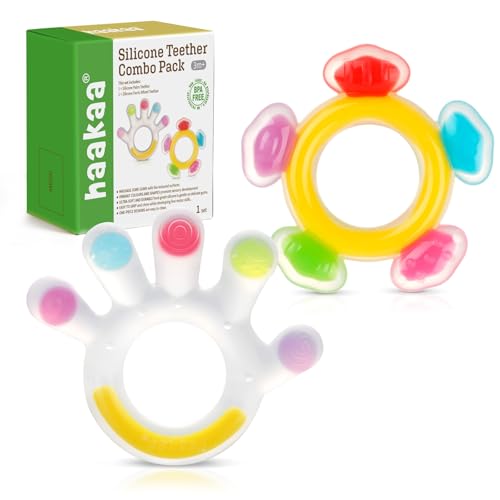 Haakaa Silicone Teether Combo, Baby Freezer Teething Toys for Sore Gums, Easy-Grip Sensory Teethers for 3M+ Babies, Palm & Ferris Wheel Shapes, BPA Free, 2 Pack
