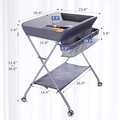 EGREE Baby Changing Table Portable Folding Diaper Changing Station with Wheels, Adjustable Height Mobile Nursery Organizer with Safety Belt and Large Storage Racks for Newborn Baby and Infant, Gray