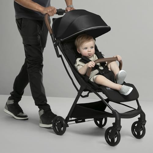 Jeep Altitude Compact Travel Stroller by Delta Children Greenguard Gold, Easy One Hand Fold, Lightweight, Extendable Canopy with Peek-a-Boo Window, Reclining Seat, 4 Wheel Suspension, Black