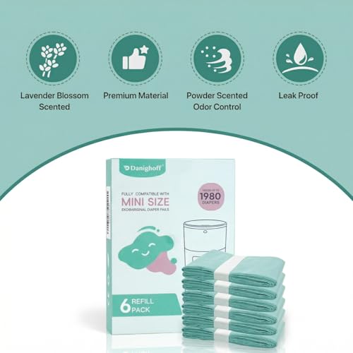 6 Pack Diaper Pails Refills for De-k-or Mini, 30% Extra Thick Heavy Duty Leak-Proof Liners, Multi-Layer Odor Defense Film, Holds 1980 Diapers, Fresh Scented Baby Changing Essentials