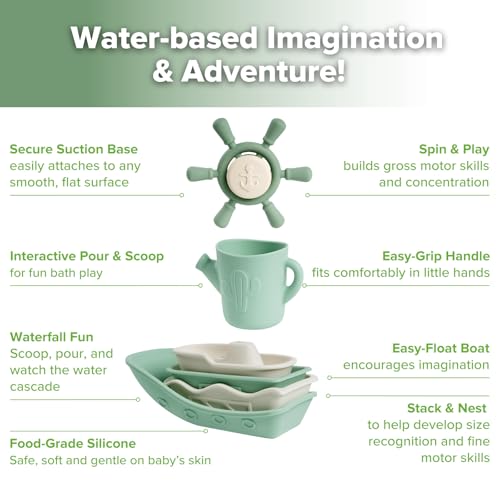 Haakaa Nautical Silicone Baby Bath Toys Set, Food Grade Silicone Bathtub Toys for Toddlers, Mold-Free Stacking Boats & Spinner Toy & Pouring Cup, BPA Free Floating Tub Toys for Baby 6M+