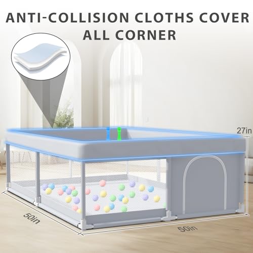 XVISHX Baby Playpen 50 x 50 Inch Play Pen Playards, Playpen for Babies and Toddlers, Baby Playard for Indoor & Outdoor Active Center Game Fence, with Skin-Friendly Fabric and Soft Breathable Mesh Grey