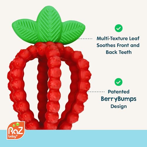 RaZbaby Bites Silicone Baby Teething Toy – Sensory Toy with Textured BerryBumps for Teething Relief, Easy-to-Hold Fruit Shape, BPA-Free, Soothes Front & Back Teeth – Gift for Babies, 3 Months+, Pink