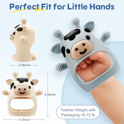 TOHIBEE 2 Packs Baby Teething Toys for 0-6 6-12 Months, Food Grade Silicone Adjustable Cow Teething Mitten, Chew Teether Toys for Teething Pain Relief, Baby and New Born Essentials, Blue & White