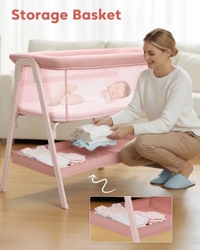 JevrJeur Baby Bassinet, Bedside Bassinet for Baby, Bassinet Bedside Sleeper with Mattress, Storage Basket and 4 Auto-Lock Wheels, Full-Mesh Sides, Bedside Mini Crib for Newborn (Pink)
