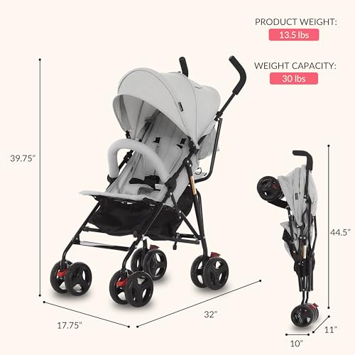 Dream On Me Vista Moonwalk Baby Stroller, Lightweight Travel Umbrella Stroller with Compact Fold, Smooth Ride Wheels, Multi-Position Recline, Spacious Storage Basket with Cup Holder, Light Gray