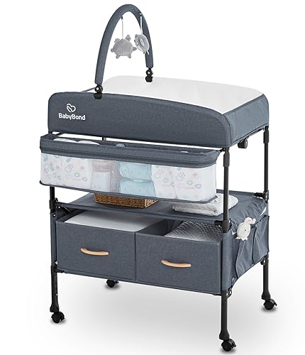 BabyBond Portable Baby Changing Table with 2 Storage Baskets, Foldable Changing Table Dresser Diaper Changing Table Height Adjustable Changing Station for Infant and Newborn(Grey)