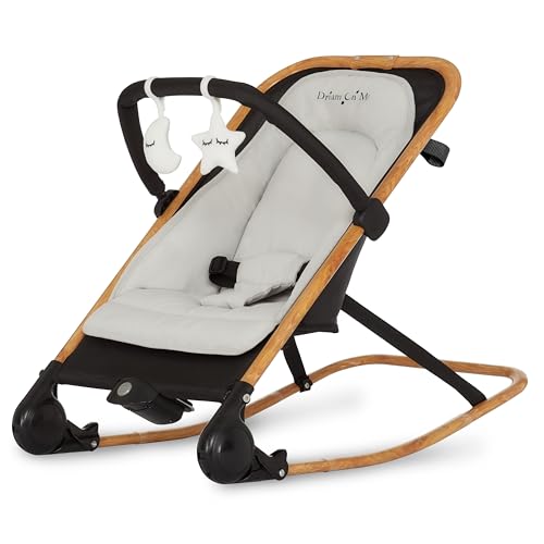 Dream On Me Rock On Me 2-in-1 Baby Rocker and Stationary Seat, Adjustable Recline, Gentle Music & Vibration, 3-Point Safety Harness, Detachable Toy Bar, Folds Compact for Travel – Black & Grey