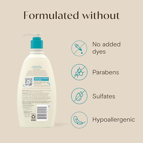 Aveeno Kids Sensitive Skin Face & Body Wash, Nourishing Oat Extract, Wash Away Dirt and Germs Without Drying, Kids Body Wash is Tear-Free, Hypoallergenic, Sulfate- & Dye-Free, 18 Fl Oz