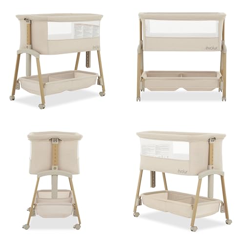 Evolur Lullaby Portable Bassinet with Wheels, Adjustable Bedside Sleeper, Breathable Mesh Sides, Large Storage Basket, Easy Fold, and Travel Bag Included, Perfect for Newborns & Infants - Biege