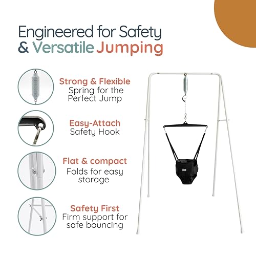 Jolly Jumper Classic (Black) with Stand - Original Baby Jumper, Indoor and Outdoor Exercise Saddle Seat, Adjustable Height, for Infants up to 28lbs