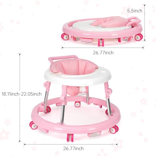 Baby Walker Foldable with 9 Adjustable Heights, Baby Walker with Wheels Portable, Infant Toddler Walker for Baby Boy Girls 6-18 Months (Pink)