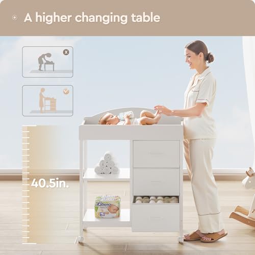 YeTom Changing Table Dresser, Baby Dresser with 3 Fabric Drawers and 2 Shelves, Multi-Functional Baby Changing Table with Pad, Classic Nursery Dresser, Diaper Changing Station for Nursery, White