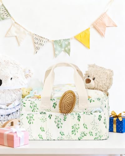 BuyCard Leaf Pattern Diaper Caddy Organizer, Nursery Storage Basket with Handle, Baby Essentials Holder, Cream with Green Floral Design