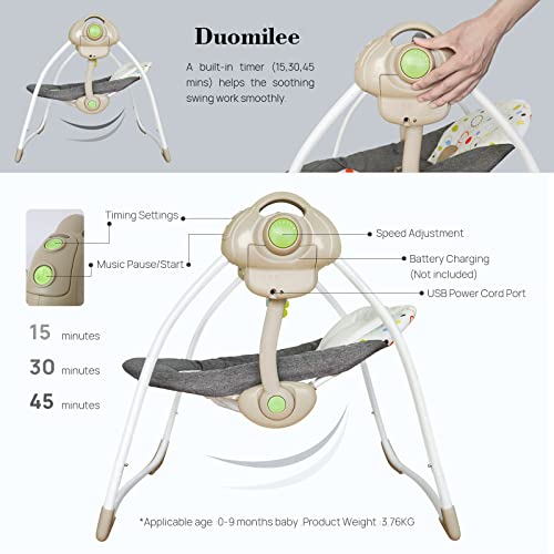 DUOMILEE Baby Electric Swing,Soothing Portable Swing with Intelligent Music Vibration Box,Comfort Swing for Infant Load Resistance: 6-25 lb, Applicable Object: 0-9 Months for Infants.