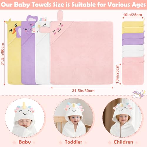 CandyHome 12 PCS Baby Bath Towels for Infants Toddlers, 4 PCS Animal Hooded Baby Towels & 8 PCS Washcloths Set, Ultra Absorbent Soft Cute Newborn Bath Essentials Gifts for Boys & Girls