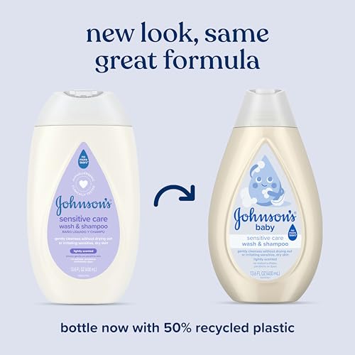 Johnson's Sensitive Care Baby Wash & Shampoo, Daily Moisturizing 2-in-1 Baby Wash & Shampoo to Gently Cleanse Without Drying Out Sensitive Skin, Light Scent, Hypoallergenic, 13.6 fl. oz