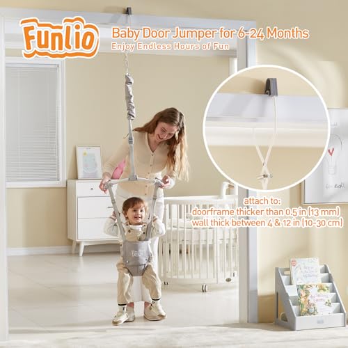 FUNLIO Baby Door Jumper for 6-24 Months (with Door Clamp), Baby Jumper Doorway with Strong Spring & Adjustable Strap, Portable Infant Baby Bouncer, Bearing 40 Lbs, CPC & CE Certified - Gray