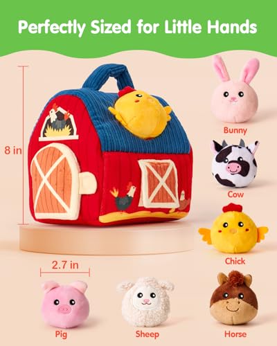 hahaland Baby Toys 6-12 Months - Surprise Barn Stuffed Farm Animals, Rattle, Crinkle, Mirror, Montessori Toys for 6 Month Old Sensory Balls 1-3, Baby Boy Gifts, Farm Plush Toys for Babies Travel Toy