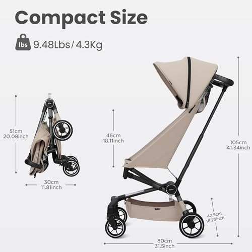 QPlay Travel Stroller for Baby & Toddlers Ages 6 Months to 4 Year Old – 9.48lbs Lightweight & Ultra-Compact Umbrella Stroller with One-Hand Fold, Airplane Carry-on Size, Reclining Seat (Beige)