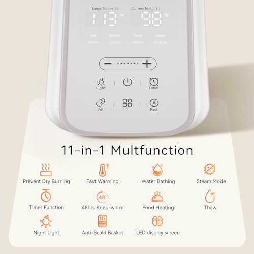 Baby Bottle Warmer for Breast Milk with Timer & Night Light, 11-in-1 Milk Warmer for Baby Bottles, 48H Keep Warm, BPA-Free Fast Heating with Adjustable Temperature (86-194℉) for Glass/PPSU Bottles